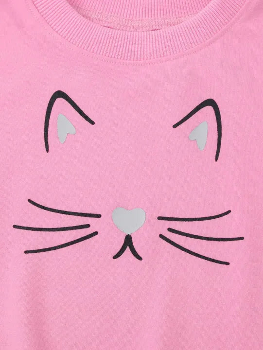 Cute Kitty Meow Printed Girl's Cartoon Cat Graphic Crew Neck Sweatshirt | Pullover Tops & Sweatpants | Two Piece Outfit | Realboss