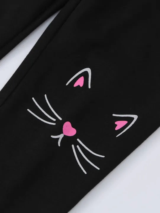 Cute Kitty Meow Printed Girl's Cartoon Cat Graphic Crew Neck Sweatshirt | Pullover Tops & Sweatpants | Two Piece Outfit | Realboss