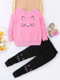 Cute Kitty Meow Printed Girl's Cartoon Cat Graphic Crew Neck Sweatshirt | Pullover Tops & Sweatpants | Two Piece Outfit | Realboss